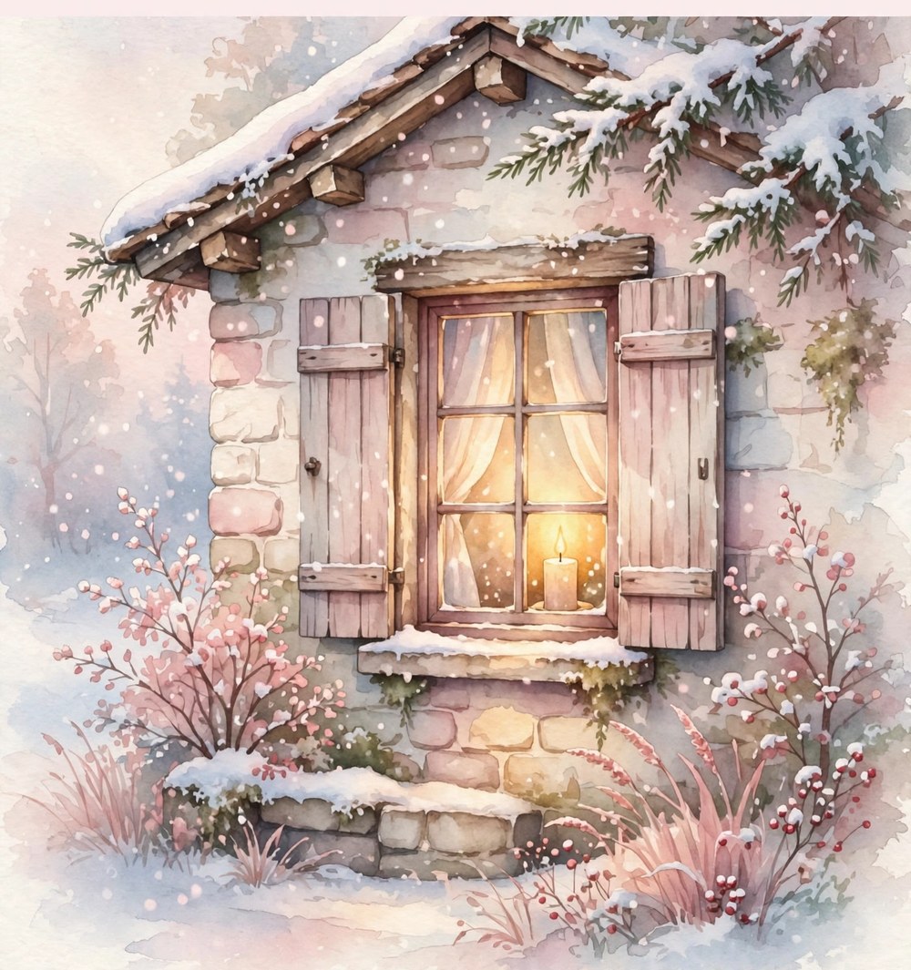 A cozy cottage window glowing with candlelight in the snow